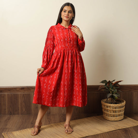 Red - Pochampally Ikat Weave Cotton Flared Dress 08