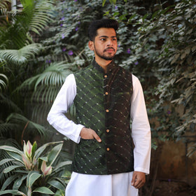 Dark Green - Leheriya Tie & Dye Chanderi Silk Handloom Nehru Jacket 01