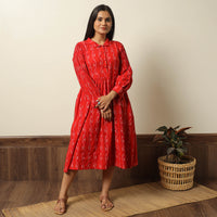 Red - Pochampally Ikat Weave Cotton Flared Dress 08