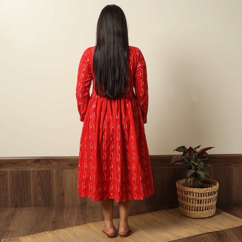 Red - Pochampally Ikat Weave Cotton Flared Dress 08