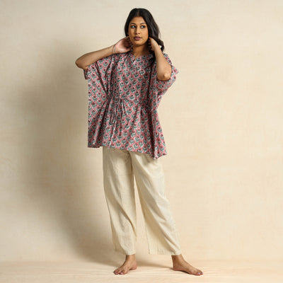 Pink - Hand Block Printed Cotton Kaftan & Pyjama Night Suit Set