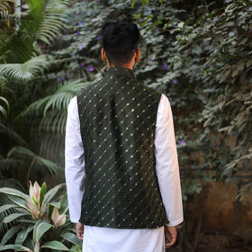 Dark Green - Leheriya Tie & Dye Chanderi Silk Handloom Nehru Jacket 01