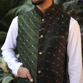 Dark Green - Leheriya Tie & Dye Chanderi Silk Handloom Nehru Jacket 01