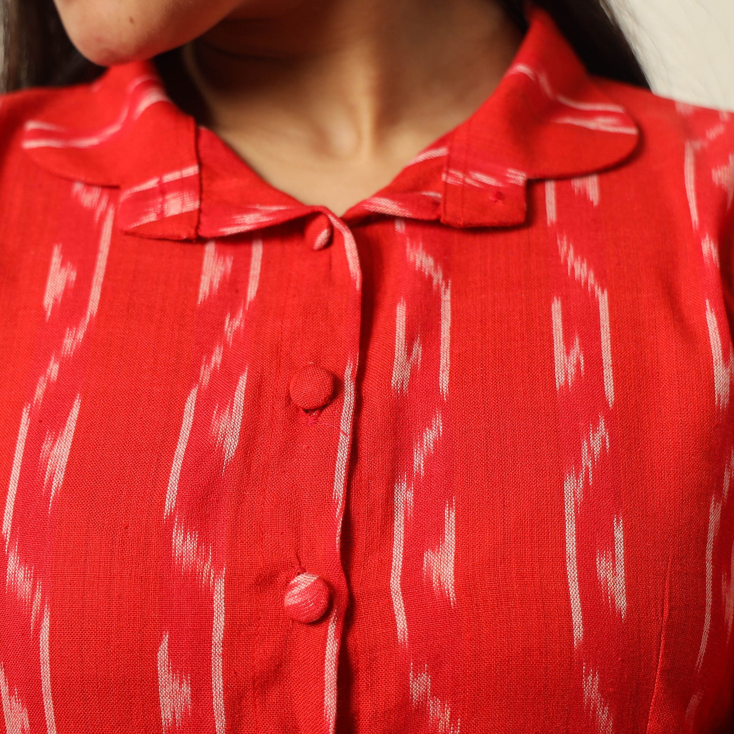 Red - Pochampally Ikat Weave Cotton Flared Dress 08