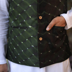 Dark Green - Leheriya Tie & Dye Chanderi Silk Handloom Nehru Jacket 01