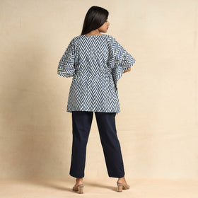 Blue Hand Block Printed Cotton Kaftan & Pyjama Night Suit Set 