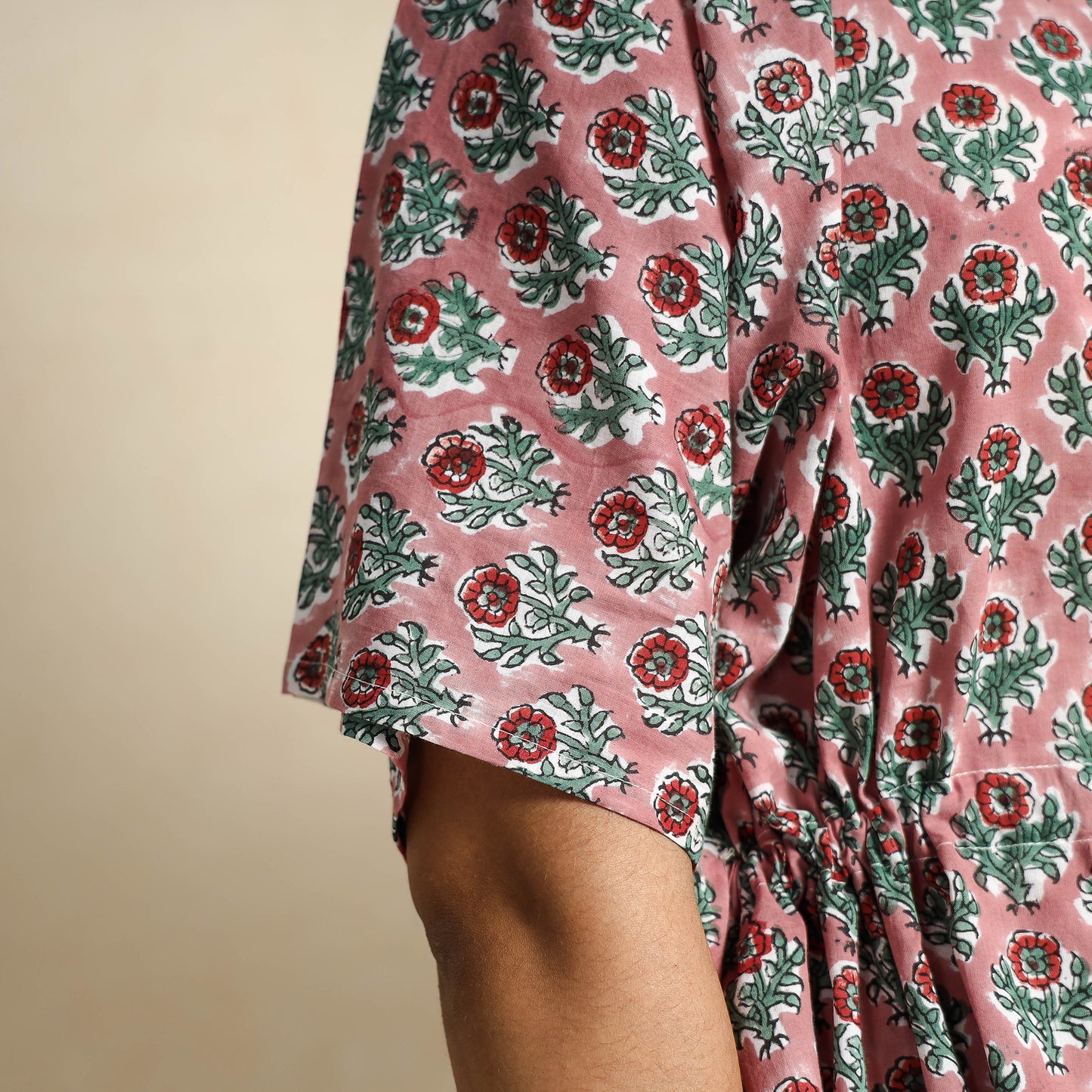 Pink - Hand Block Printed Cotton Kaftan & Pyjama Night Suit Set