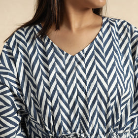 Blue Hand Block Printed Cotton Kaftan & Pyjama Night Suit Set 