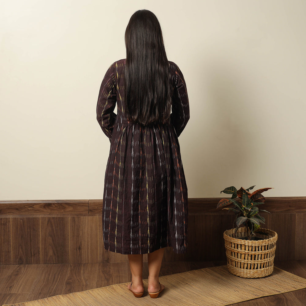 Brown - Pochampally Ikat Weave Cotton Flared Dress 09