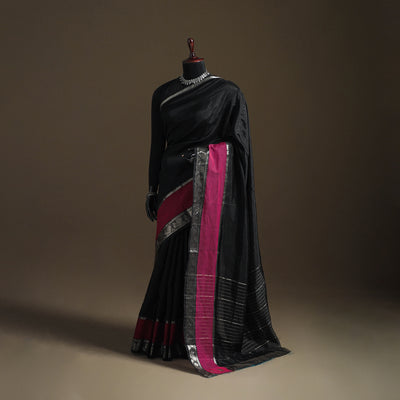 Black - Pure Handwoven Mangalagiri Silk Cotton Pattu Saree with Zari Border 22