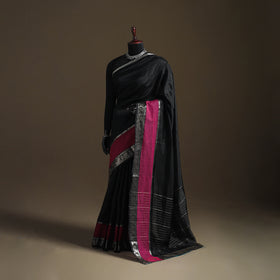 Black - Pure Handwoven Mangalagiri Silk Cotton Pattu Saree with Zari Border 22