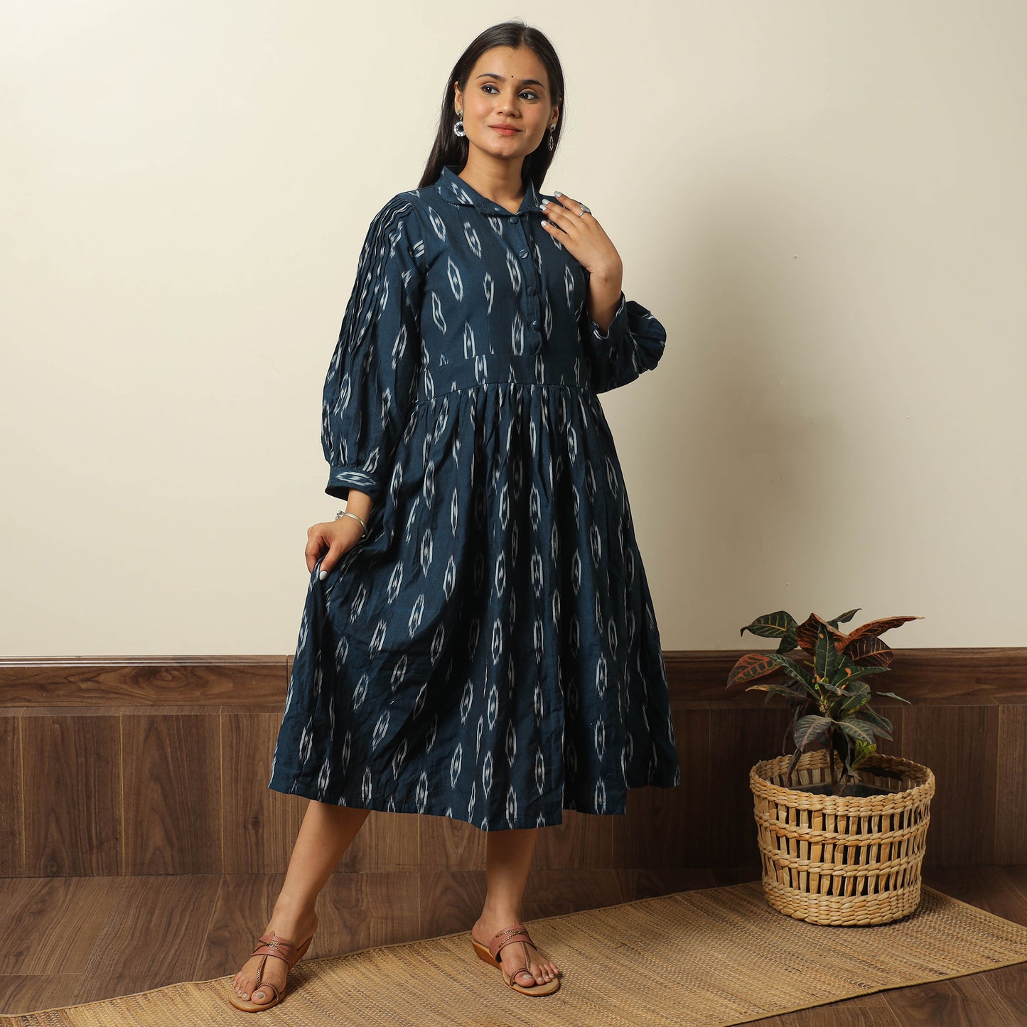 Green - Pochampally Ikat Weave Cotton Flared Dress 10