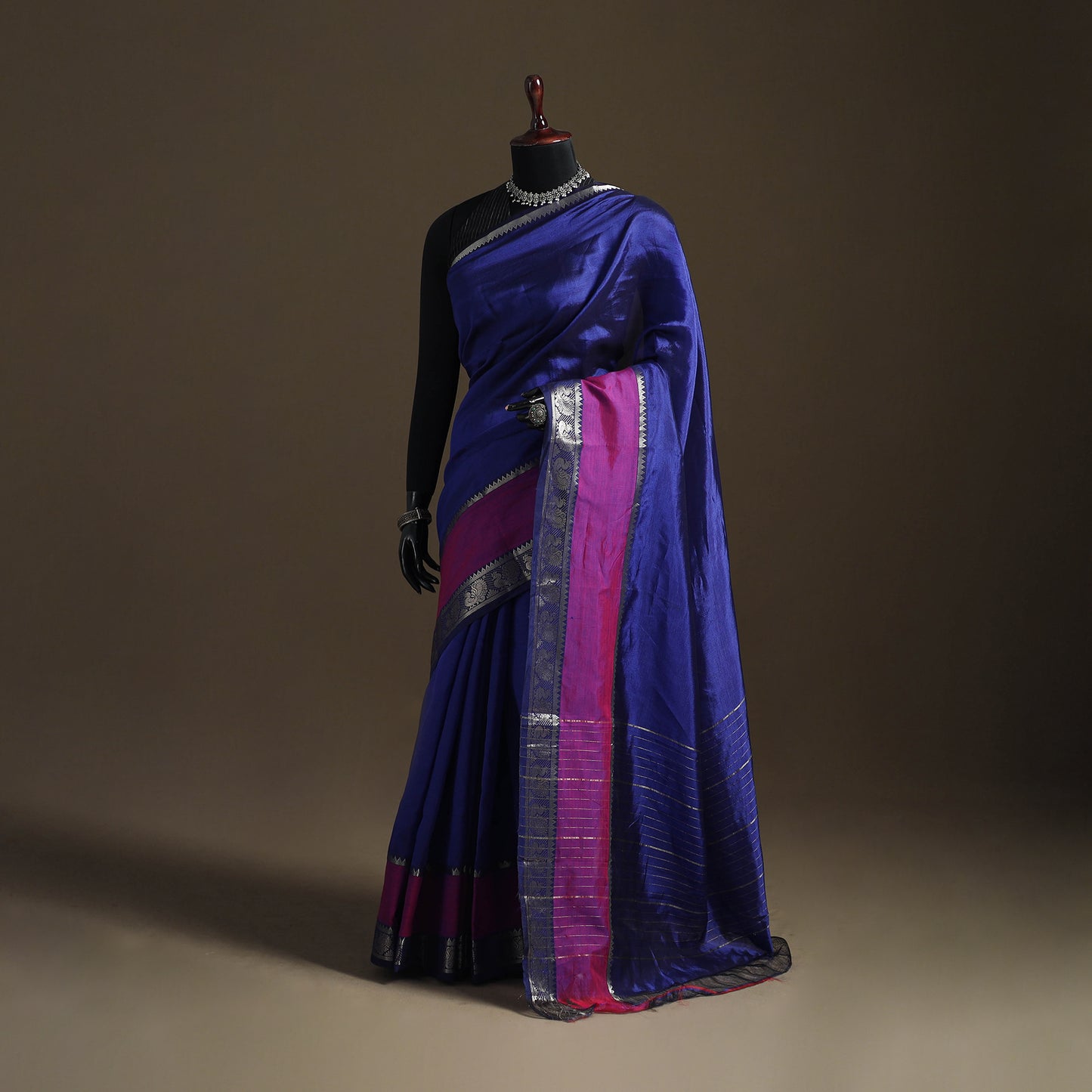 Blue - Pure Handwoven Mangalagiri Silk Cotton Pattu Saree with Zari Border 23