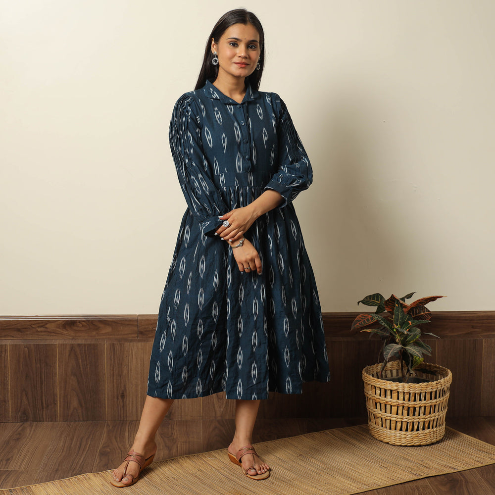 Green - Pochampally Ikat Weave Cotton Flared Dress 10