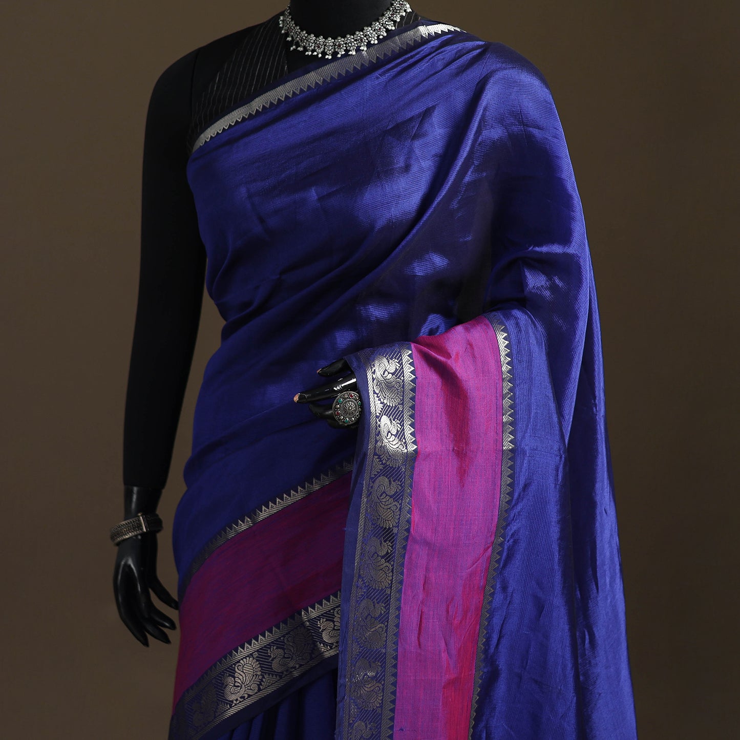 Blue - Pure Handwoven Mangalagiri Silk Cotton Pattu Saree with Zari Border 23