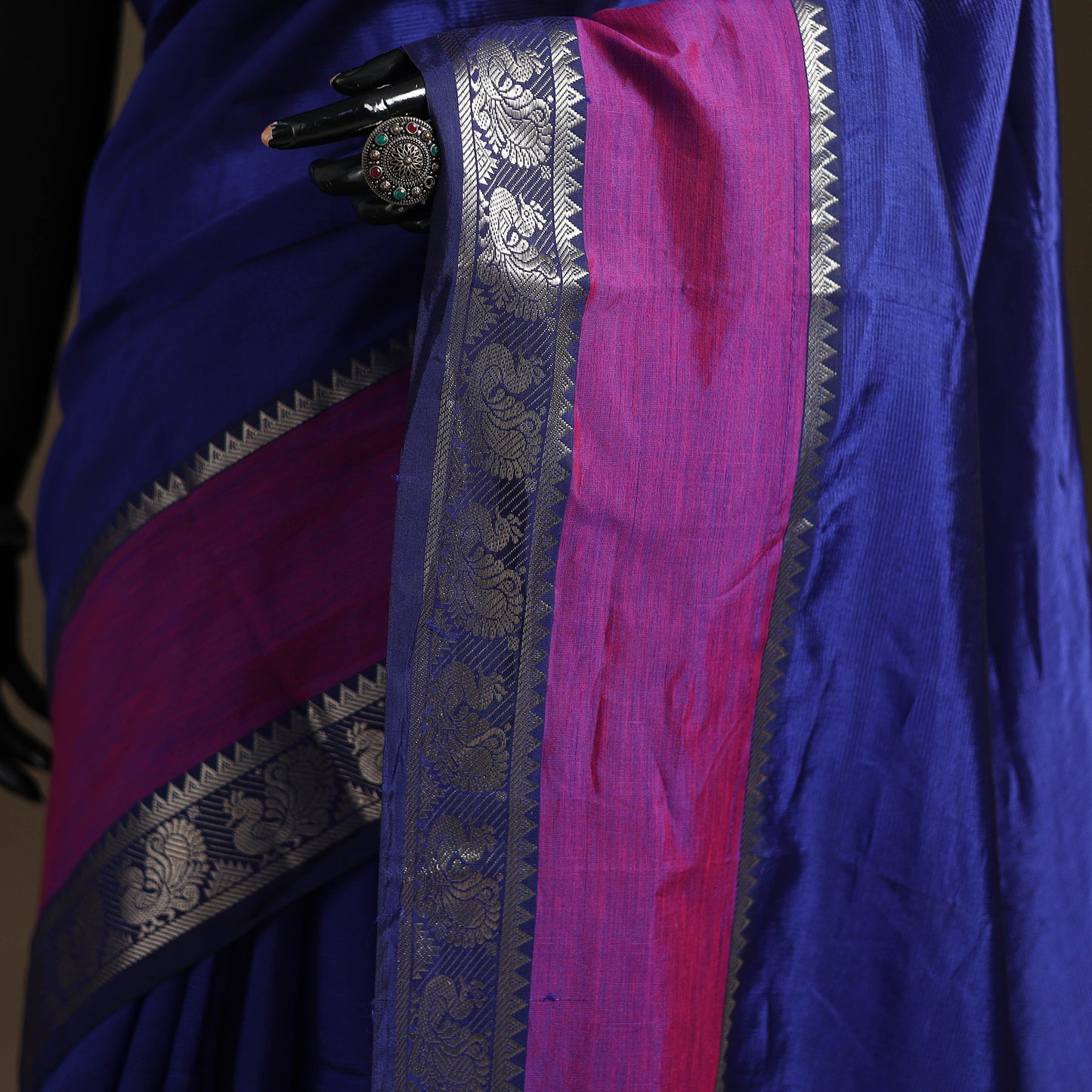 Blue - Pure Handwoven Mangalagiri Silk Cotton Pattu Saree with Zari Border 23