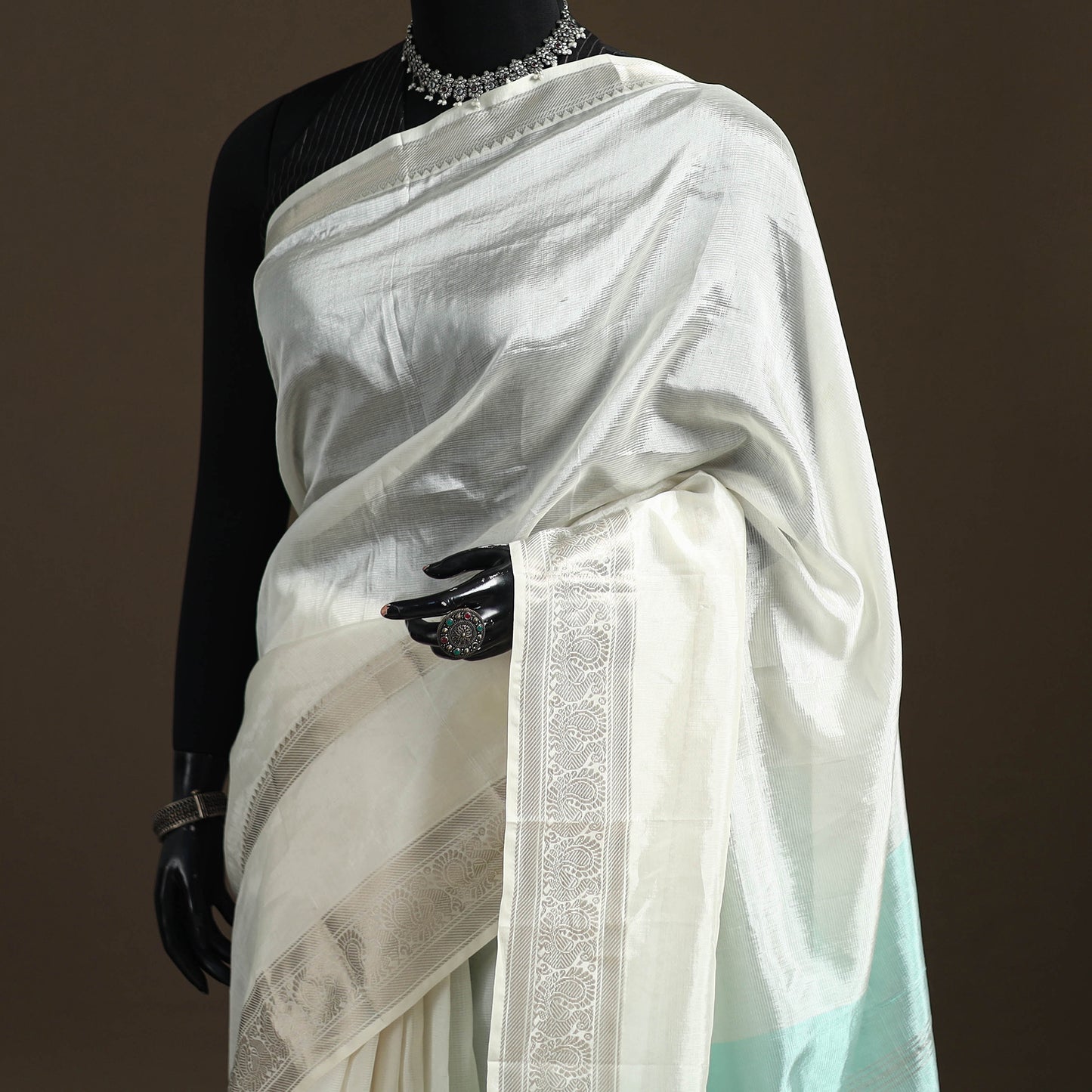 White - Pure Handwoven Mangalagiri Silk Cotton Pattu Saree with Zari Border 24