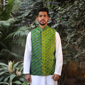 Leheriya Tie & Dye Chanderi Silk Handloom Green Nehru Jacket