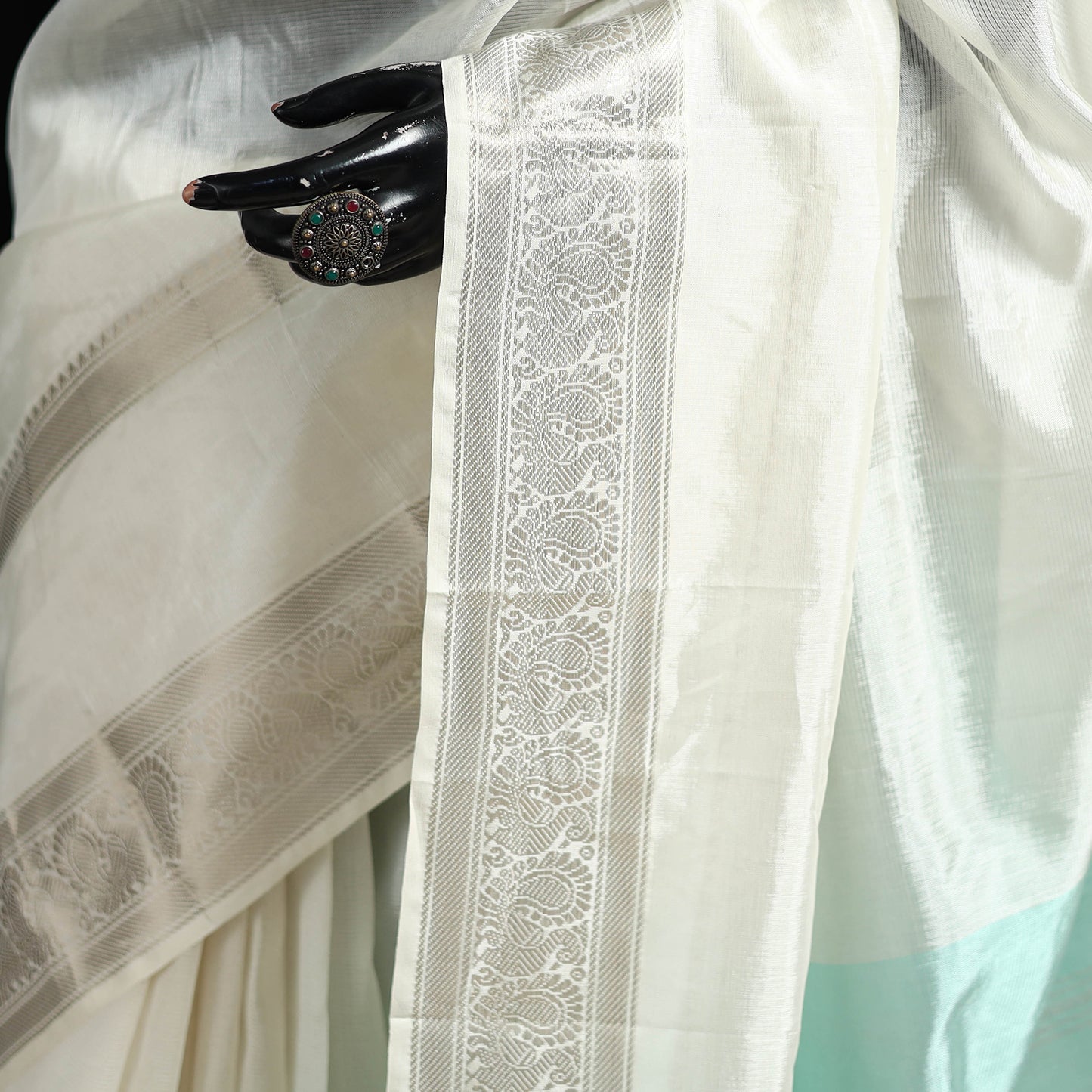White - Pure Handwoven Mangalagiri Silk Cotton Pattu Saree with Zari Border 24