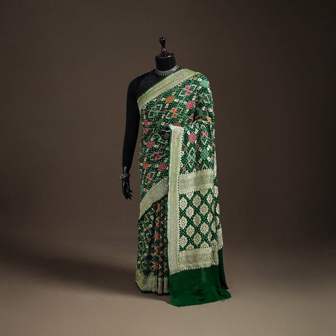 Kutch Bandhani Fine Georgette Banarasi Neem Zari Jaal Saree 12
