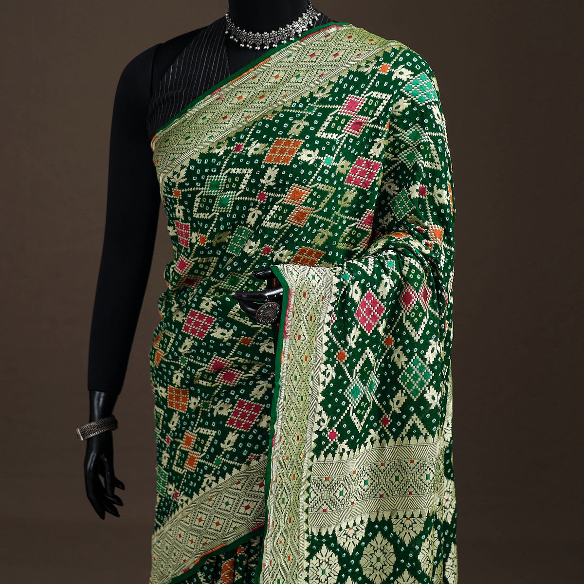 Kutch Bandhani Fine Georgette Banarasi Neem Zari Jaal Saree 12
