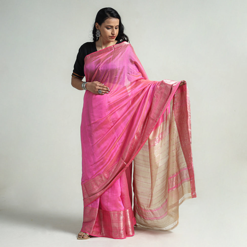 Original Mangalagiri Silk Cotton Zari Stripe Handloom Saree with Zari Border