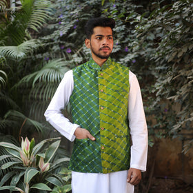 Leheriya Tie & Dye Chanderi Silk Handloom Green Nehru Jacket