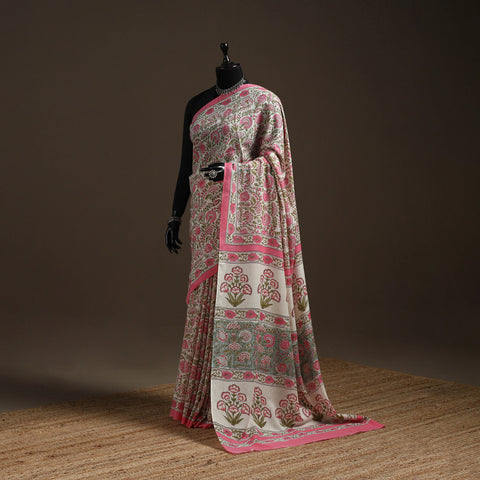 Hand Block Print Merino Wool Sanganeri Saree 02