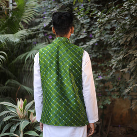 Leheriya Tie & Dye Chanderi Silk Handloom Green Nehru Jacket