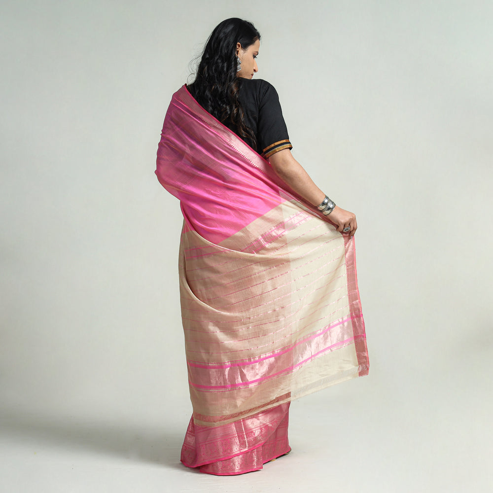 Original Mangalagiri Silk Cotton Zari Stripe Handloom Saree with Zari Border