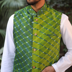 Leheriya Tie & Dye Chanderi Silk Handloom Green Nehru Jacket
