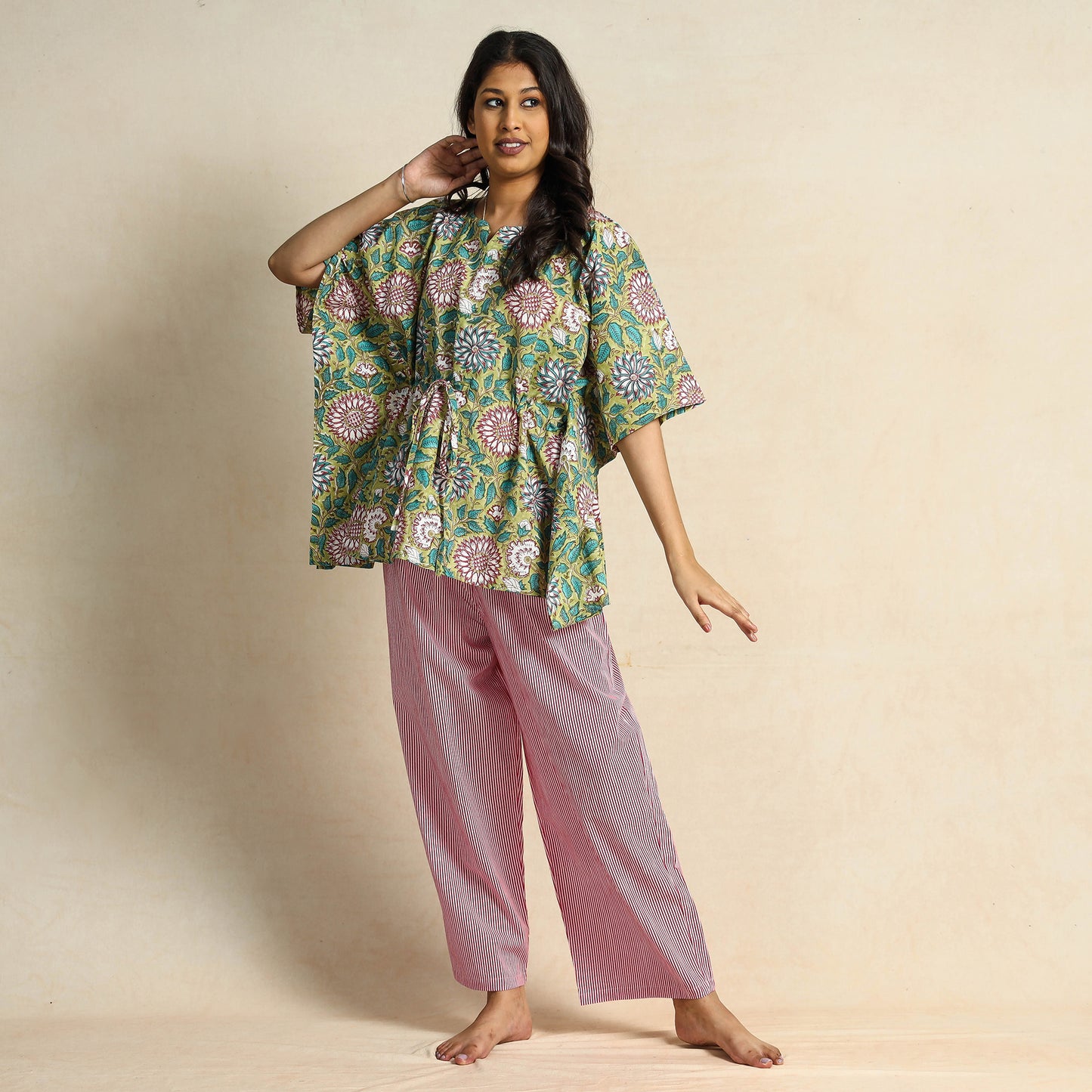 Green - Hand Block Printed Kaftan & Pyjama Night Suit Set