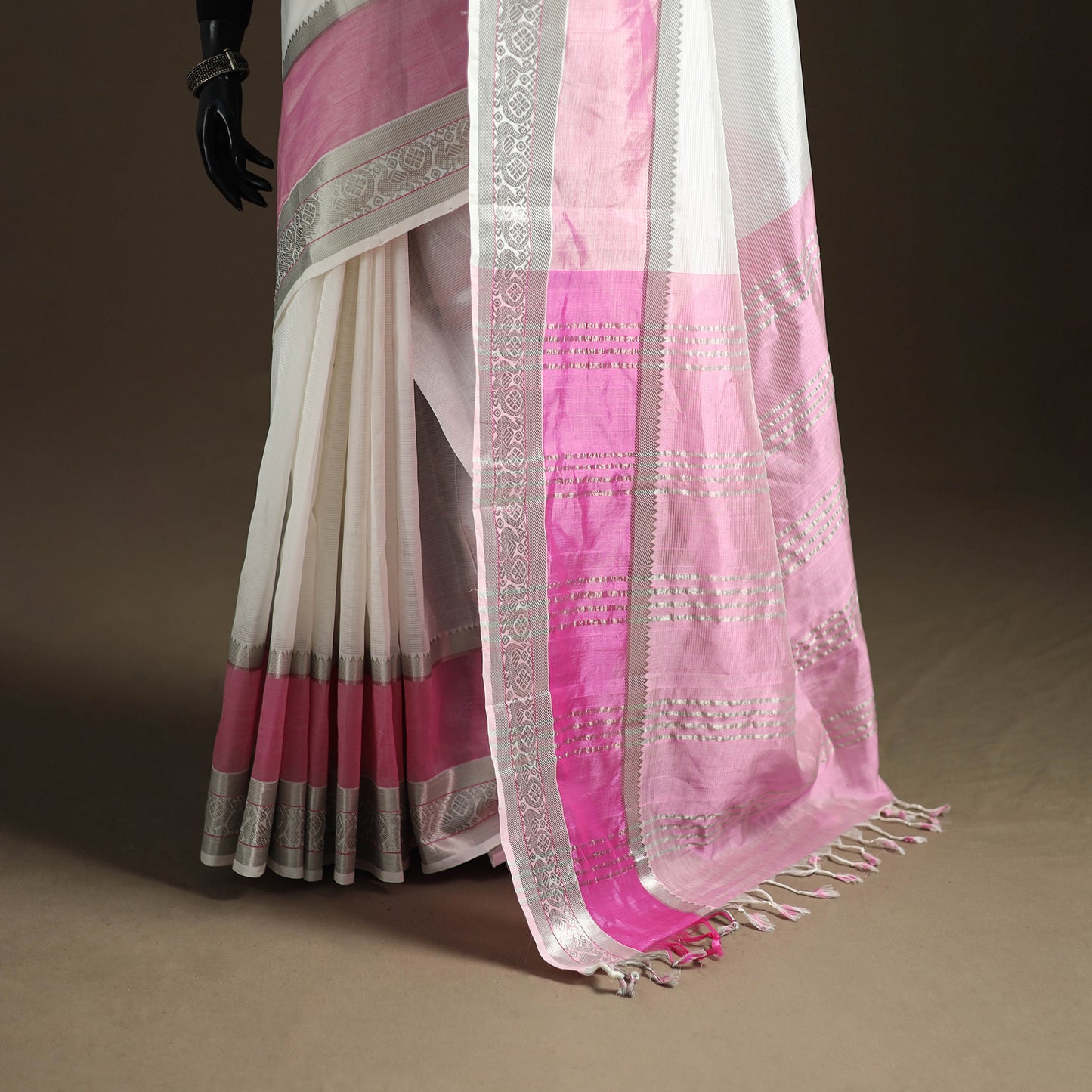 White - Pure Handwoven Mangalagiri Silk Cotton Pattu Saree with Zari Border 25