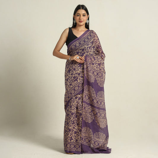 Purple - Hand Batik Printed Mul Cotton Saree