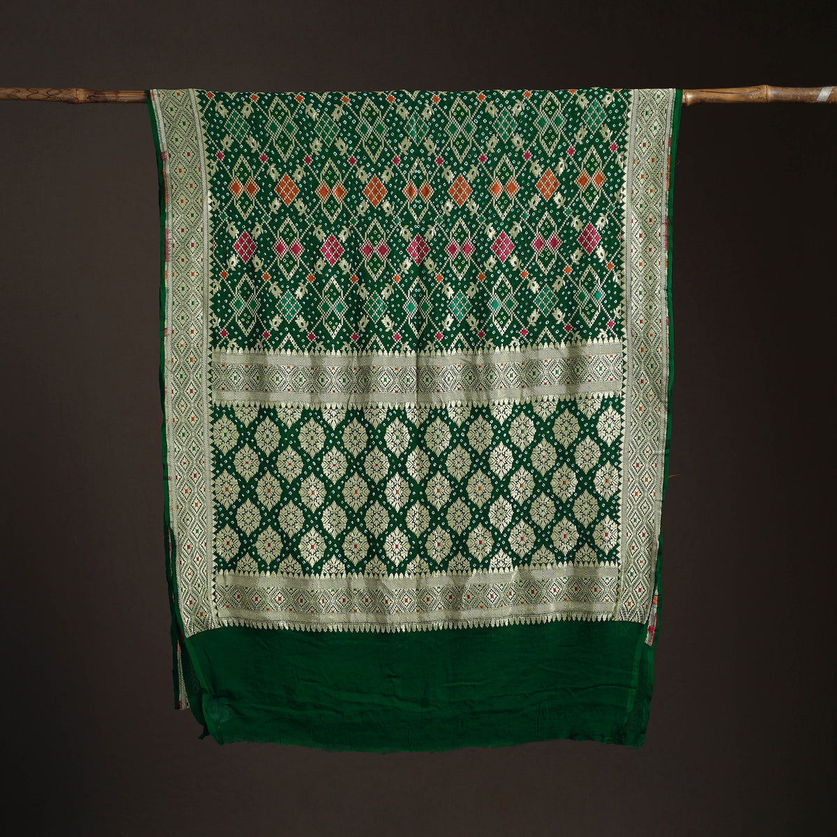 Kutch Bandhani Fine Georgette Banarasi Neem Zari Jaal Saree 12