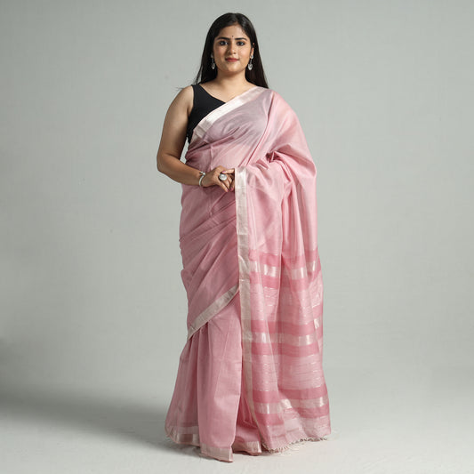 Pink - Traditional Maheshwari Silk Handloom Zari Work Saree 26