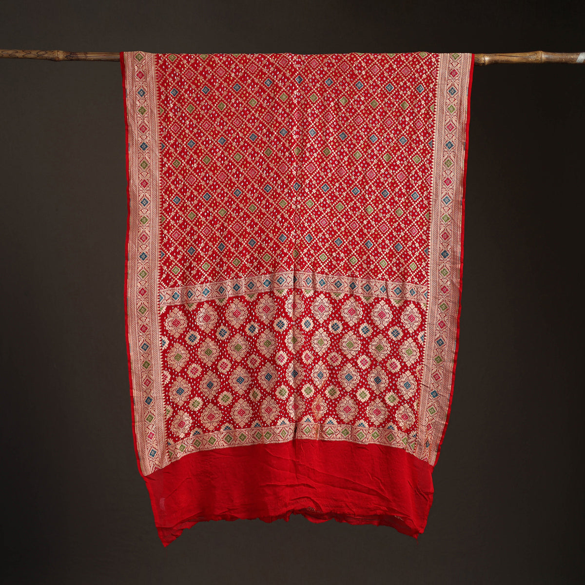 Kutch Bandhani Fine Georgette Banarasi Neem Zari Jaal Saree 11