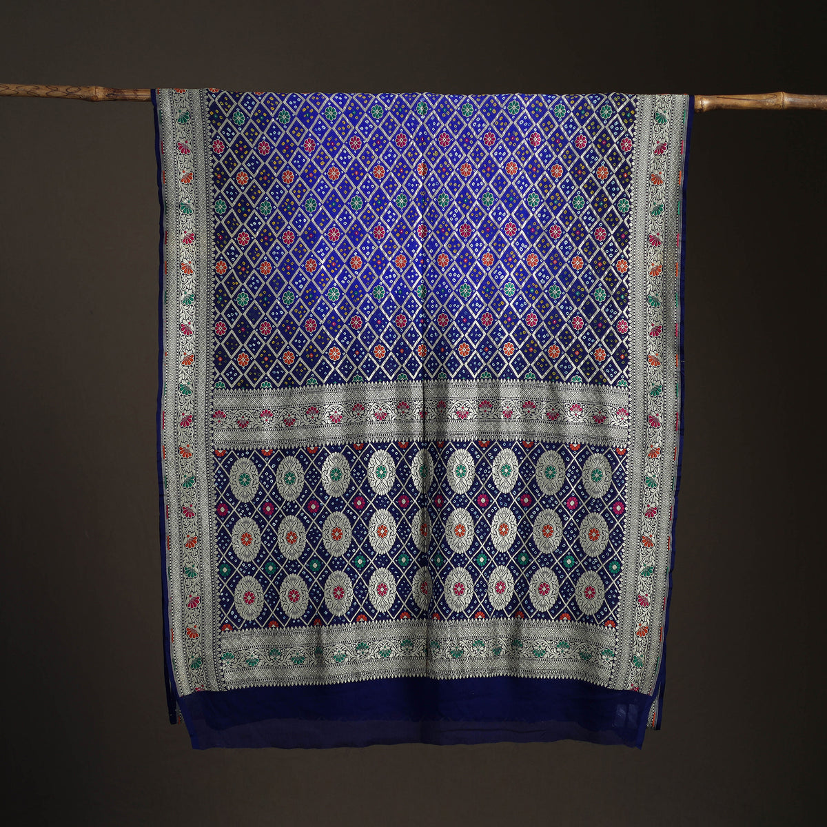 Kutch Bandhani Fine Georgette Banarasi Neem Zari Jaal Saree 09