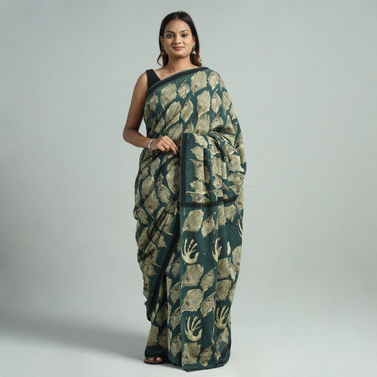 Green - Bindaas Art Block Printed Natural Dyed Cotton Saree 15