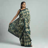 Green - Bindaas Art Block Printed Natural Dyed Cotton Saree 15