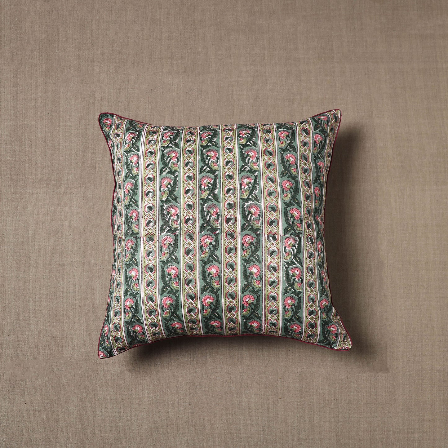 Green - Sanganeri Block Print Cotton Cushion Cover (16 x 16 in) 04