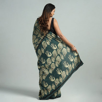 Green - Bindaas Art Block Printed Natural Dyed Cotton Saree 15