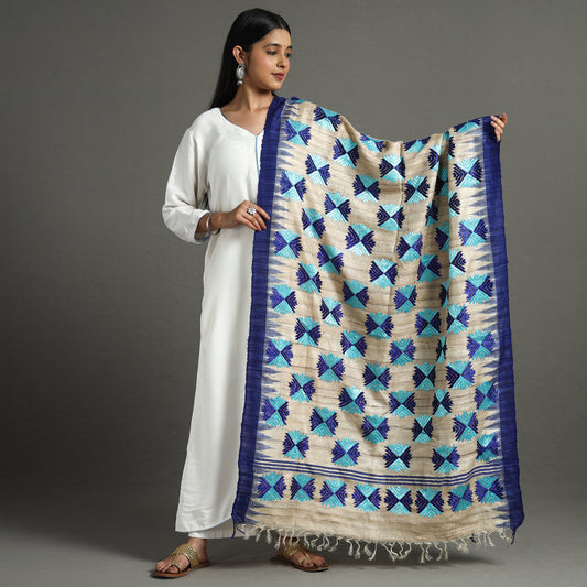 Beige - Traditional Phulkari Heavy Hand Embroidered Jaal Cotton Dupatta