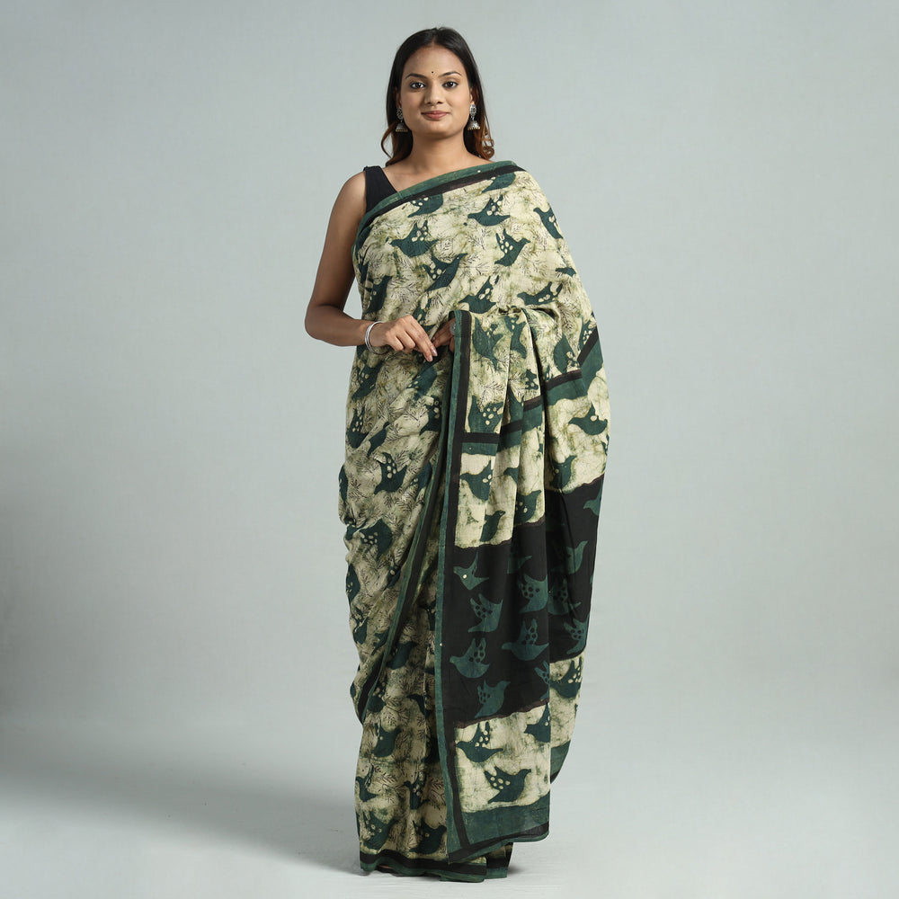 Green - Bindaas Art Block Printed Natural Dyed Cotton Saree 05