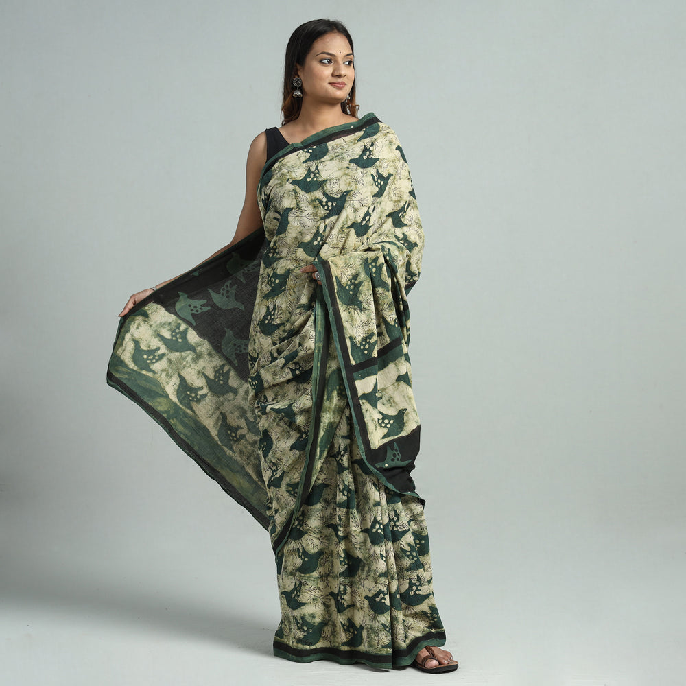 Green - Bindaas Art Block Printed Natural Dyed Cotton Saree 05