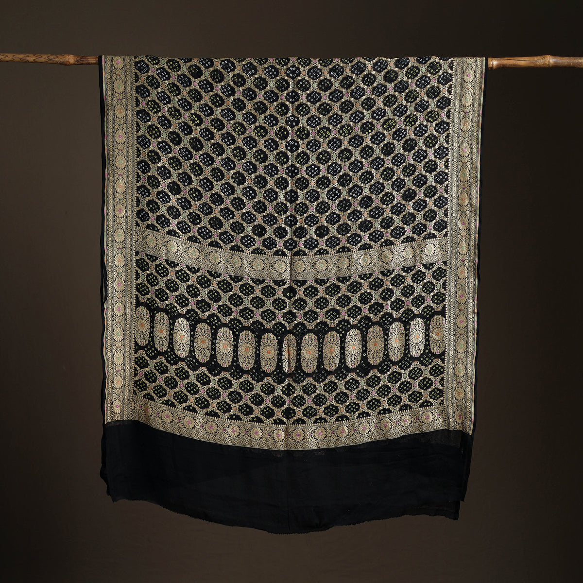Kutch Bandhani Fine Georgette Banarasi Neem Zari Jaal Saree 05
