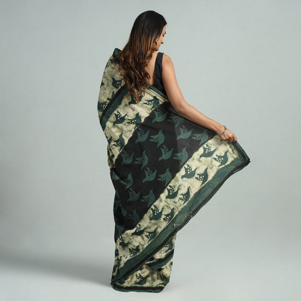 Green - Bindaas Art Block Printed Natural Dyed Cotton Saree 05