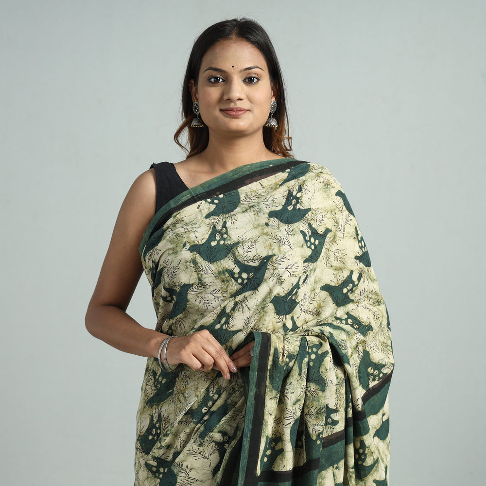 Green - Bindaas Art Block Printed Natural Dyed Cotton Saree 05