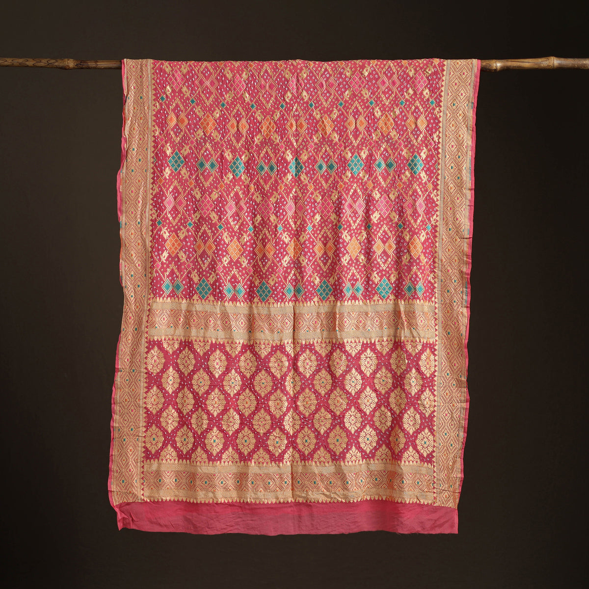 Kutch Bandhani Fine Georgette Banarasi Neem Zari Jaal Saree 04