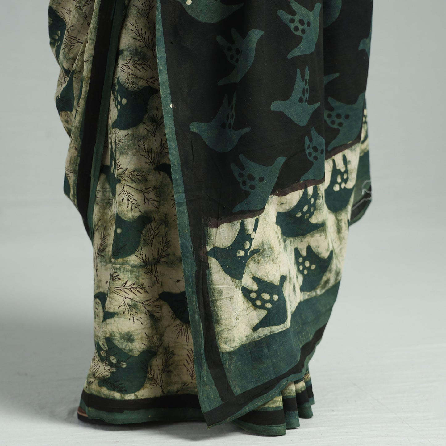 Green - Bindaas Art Block Printed Natural Dyed Cotton Saree 05
